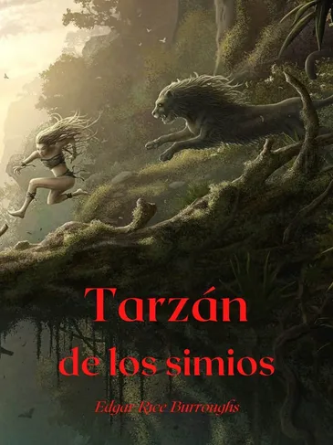 A painting of tarzan and his friend, the wolf.